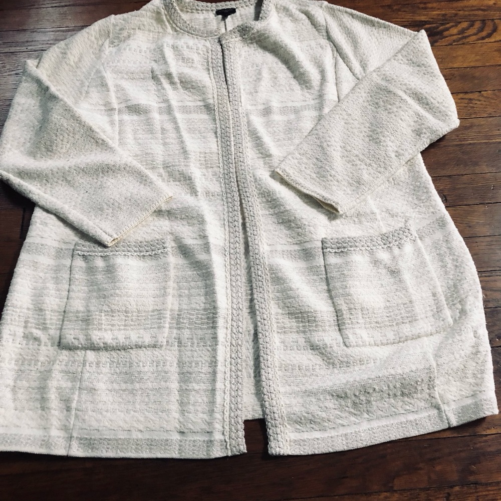 Talbots Ivory Metallic Stripe Textured Knit Open Front Cardigan